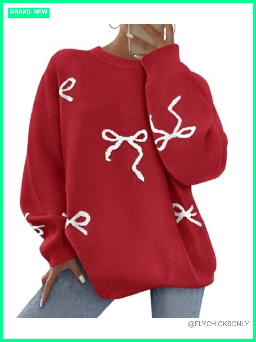 Women Long Sleeve Cute Bow Oversized Sweater Chunky Knit Pullover